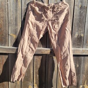 New York & Company Womens Small Petite Linen Blend Pants Elastic Waist Wide Leg